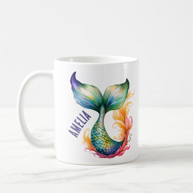 Cute Colorful Sjöjungfru Ocean Girl Namn Kaffemugg (Vänster)