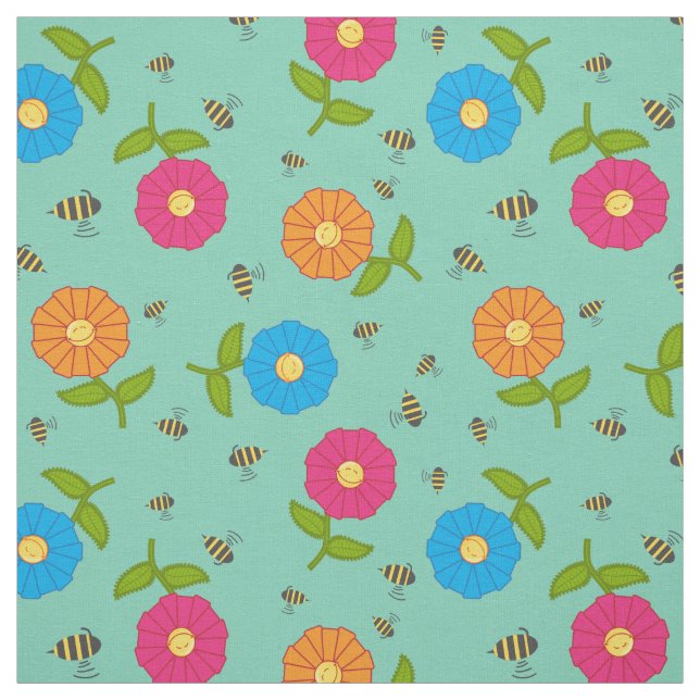 Cute Colorful Stylized Flowers & Honungsbin Tyg (Provkarta)