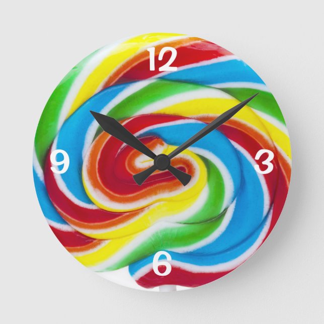 Cute Colorful Sweet Candy Rainbow Lollipop Rund Klocka (Framsida)