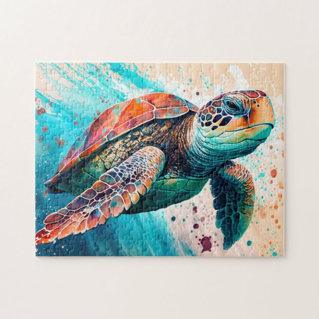 Cute Colorful Swimming Sea Turtle Pussel (Horisontell)