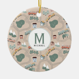 Cute Colorful Tåg på Tåg Tracks Kids Monogram Julgransprydnad Keramik