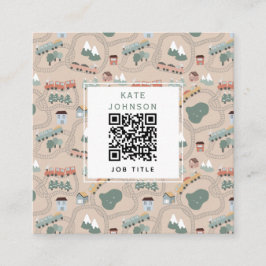 Cute Colorful Tåg på Tåg Tracks QR-kod Fyrkantigt Visitkort