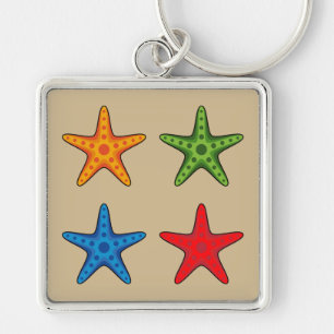 Cute Colorful Tecknad Starfish Set Fyrkantig Silverfärgad Nyckelring