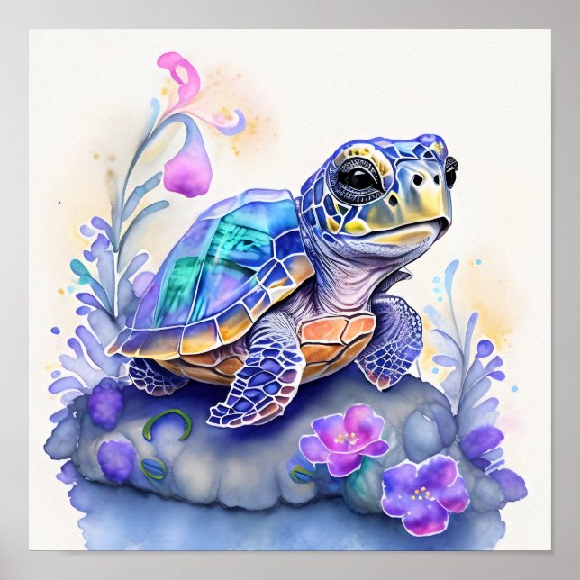 Cute Colorful Turtle Surrozed by Flowers Poster (Framsidan)