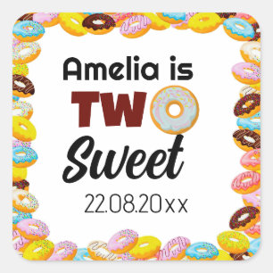 Cute & Colorful Two Sweet Donut 2nd Birthday Girl Fyrkantigt Klistermärke