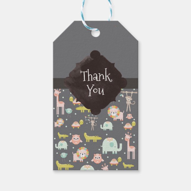 Cute Colorful Vilda djur Nursery Art Tack Presentetikett (Framsidan)