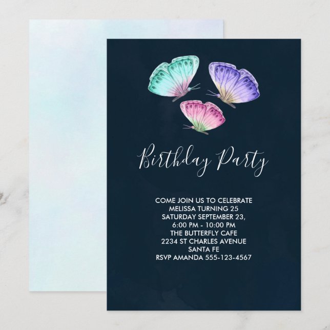 Cute Colorful Watercolor Butterflies Birday Inbjudningar (Fram/baksida)