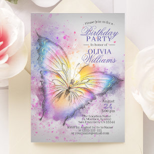 Cute Colorful Watercolor Butterfly Födelsedagsfest Inbjudningar
