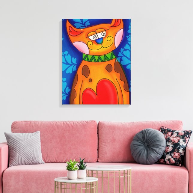 Cute Colororent Tecknad Cat Big Heart Canvastryck (Insitu (Vardagsrum))