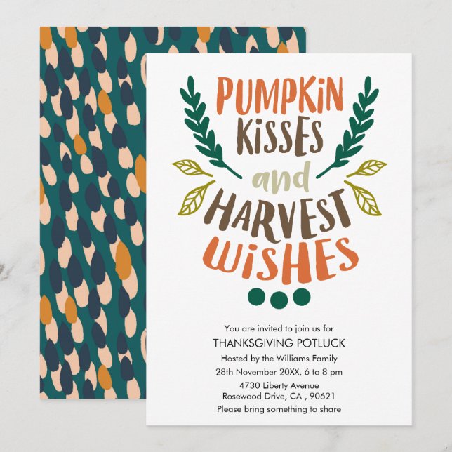 Cute Colorour Pumpkin Kisses Foliage-Thanksgiving Inbjudningar (Fram/baksida)