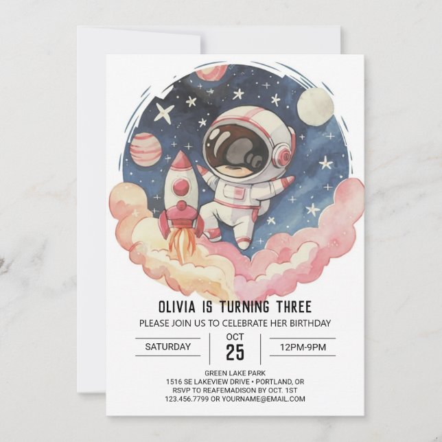 Cute Comet Elegance Astronaut Birthday Inbjudningar (Framsida)
