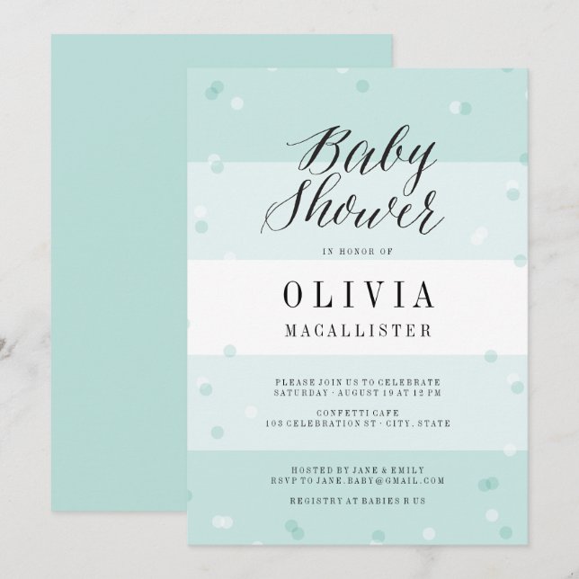 Cute Confetti Aqua Rand Boy Shower Inbjudan (Fram/baksida)