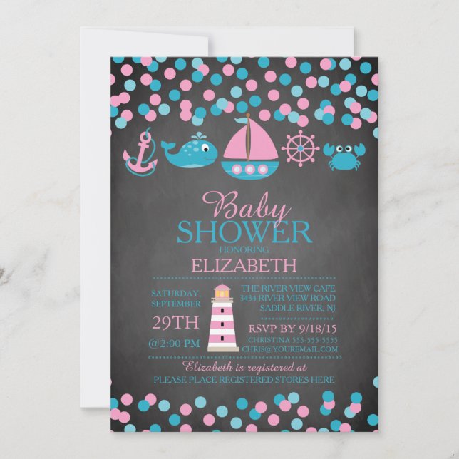 Cute Confetti Nautical Girl Baby Shower-inbjudan Inbjudningar (Framsida)
