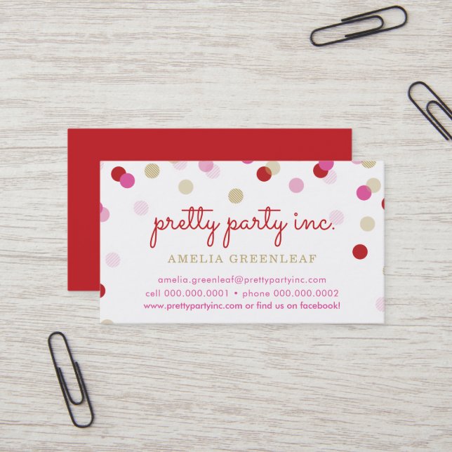 CUTE CONFETTI SPOTS snyggt party planner red rosa Visitkort (Fram/Back In Situ)