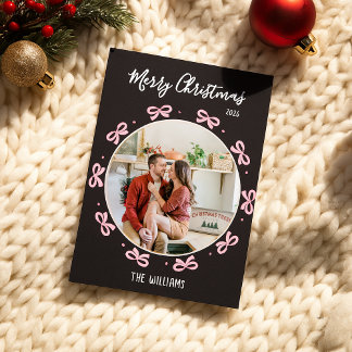Cute Conquette Black & Pink Bow Holiday Photo Julkort