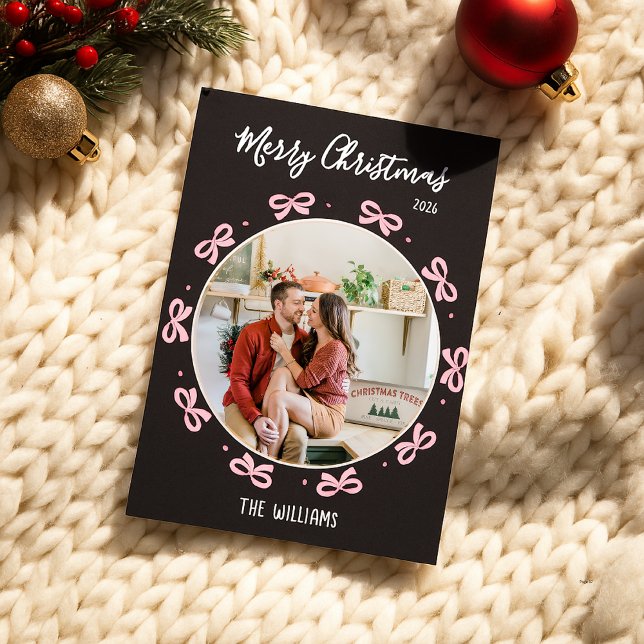 Cute Conquette Black & Pink Bow Holiday Photo   Julkort (Skapare uppladdad)