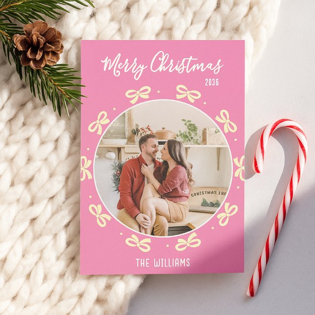 Cute Conquette Pink Bow Holiday Custom Photo   Julkort (Skapare uppladdad)