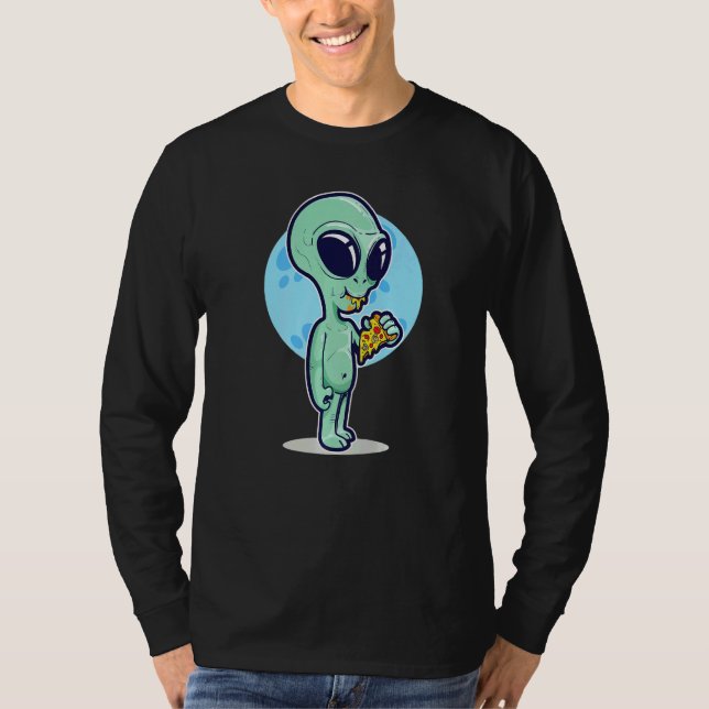 Cute Conspiracy Theory UFO Alien Eating Pizza T Shirt (Framsida)