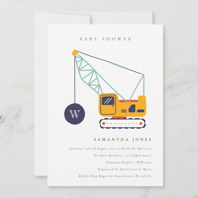 Cute Construction Crane Fordon Baby Shower Inbjuda Tack Kort (Framsida)