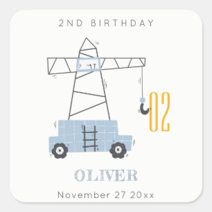 Cute Construction Crane Kids any age Birday Fyrkantigt Klistermärke