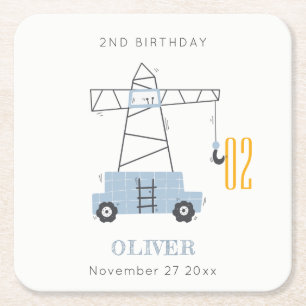 Cute Construction Crane Kids any age Birday Underlägg Papper Kvadrat