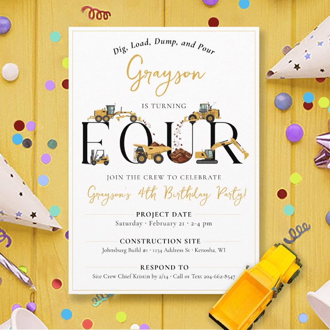 Cute Construction Lastbil 4e födelsedagen Party Inbjudningar (Boys fun construction theme party dump trucks digger join the crew FOUR 4th birthday invitation)