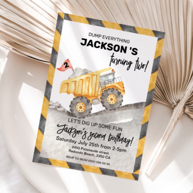 Cute Construction Lastbil, andra årsdagen party Inbjudningar (Construction dump truck birthday invitation)