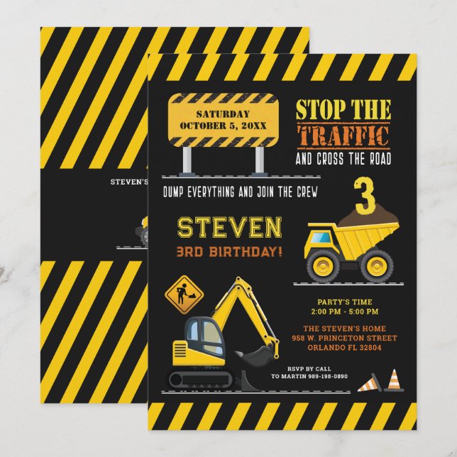 Cute Construction Lastbil Birthday Boys Party Inbjudningar (Fram/baksida)