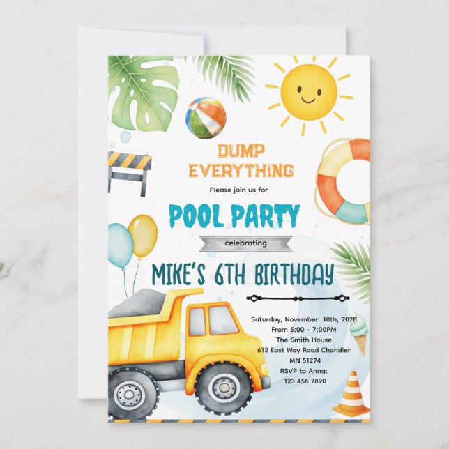 Cute construction pool theme invitation inbjudningar (Framsida)