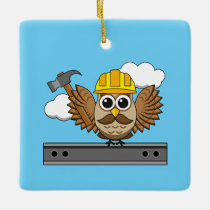 Cute Construction Worker Uggla med hård Tecknad Julgransprydnad Keramik