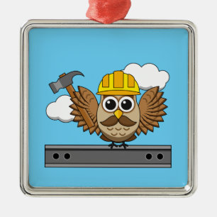 Cute Construction Worker Uggla med hård Tecknad Julgransprydnad Metall