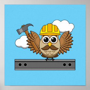 Cute Construction Worker Uggla med hård Tecknad Poster