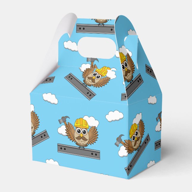 Cute Construction Worker Uggla med hård Tecknad Presentaskar (Framsidan Sidan)