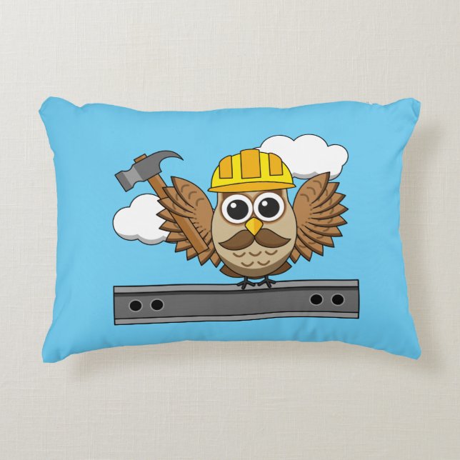 Cute Construction Worker Uggla med hård Tecknad Prydnadskudde (Framsidan)