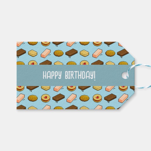 Cute Cookies Happy Birthday! Biscuit Pixel Pattern Presentetikett (Framsidan (Horisontell))