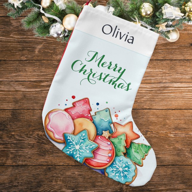 Cute Cookies Helgdag Trets Personlig Liten Julstrumpa (A personalized Christmas stocking featuring colorful festive cookies in a watercolor style)