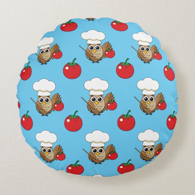 Cute Cooking Uggla Tecknad Rund Kudde (Framsidan)