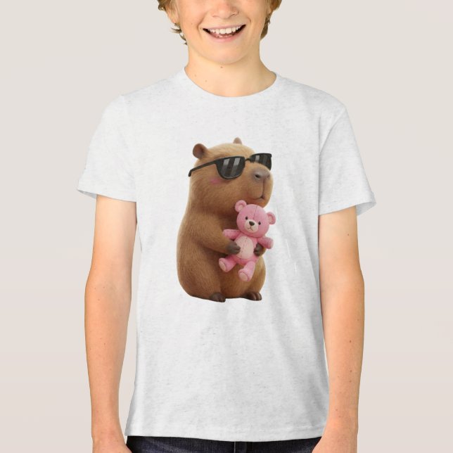 Cute Cool Capybara Hugging Teddy Bear Kids T-Shirt (Framsida)