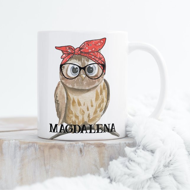 Cute Coola Hipster Uggla i Glass & Red Bandana Kaffemugg (Skapare uppladdad)