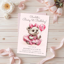 Cute Coquette Ballerina Bear Beary 1:a födelsedage Inbjudningar