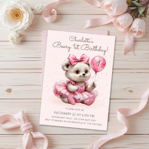 Cute Coquette Ballerina Bear Beary 1:a födelsedage Inbjudningar