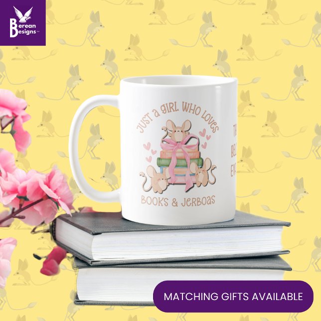 Cute Coquette BARA EN GIRL SOM KÄRLEK JERBOAS Kaffemugg (Cute JUST A GIRL WHO LOVES JERBOAS & BOOKS mug with CUSTOMIZABLE TEXT. Ideal Mother's Day gift.)