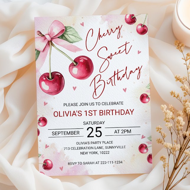Cute Coquette Cherry Sweet Birthday Invitation Inbjudningar (Skapare uppladdad)