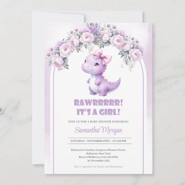 Cute coquette dinosaur Girl lila peonies arch Inbjudningar (Framsida)