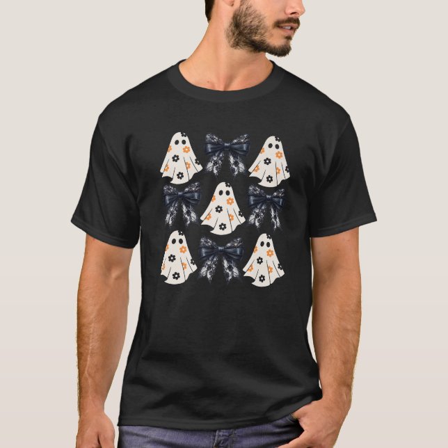 Cute Coquette Floral Bow Pumpkin Ghost Spooky Hall T Shirt (Framsida)