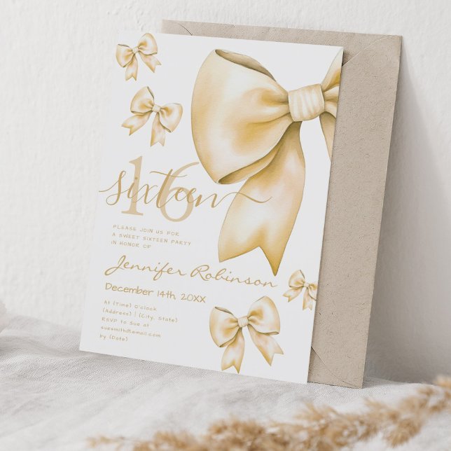 Cute Coquette Guld Bow Sweet 16 Födelsedagsfester Inbjudningar (Cute Coquette Gold Bow Sweet 16 Birthday Party Invitation)