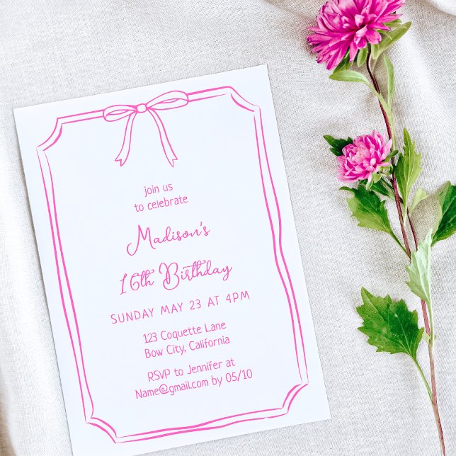 Cute Coquette Hand plockade Bow Whimsical Birthday Inbjudningar (Skapare uppladdad)