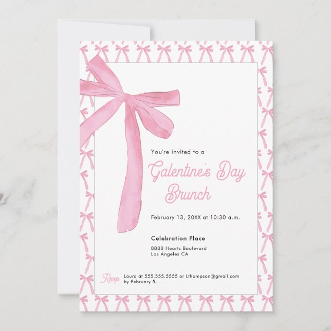 Cute Coquette Pink Bow Galentine’s Day Brunch Inbjudningar (Framsida)