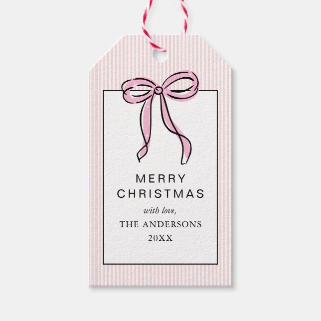 Cute Coquette Pink Bow Merry Christmas Presentetikett (Framsidan)
