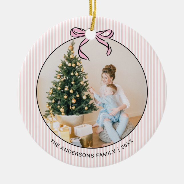 Cute Coquette Pink Bow Photo Christmas  Ceramic Or Julgransprydnad Keramik (Framsidan)